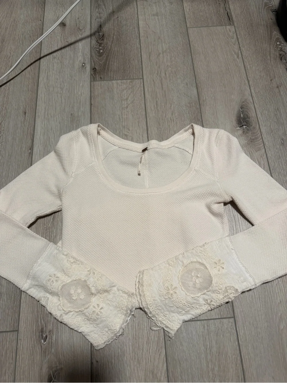 Free People Cream Scoop Neck Knit Top with Lace Trim